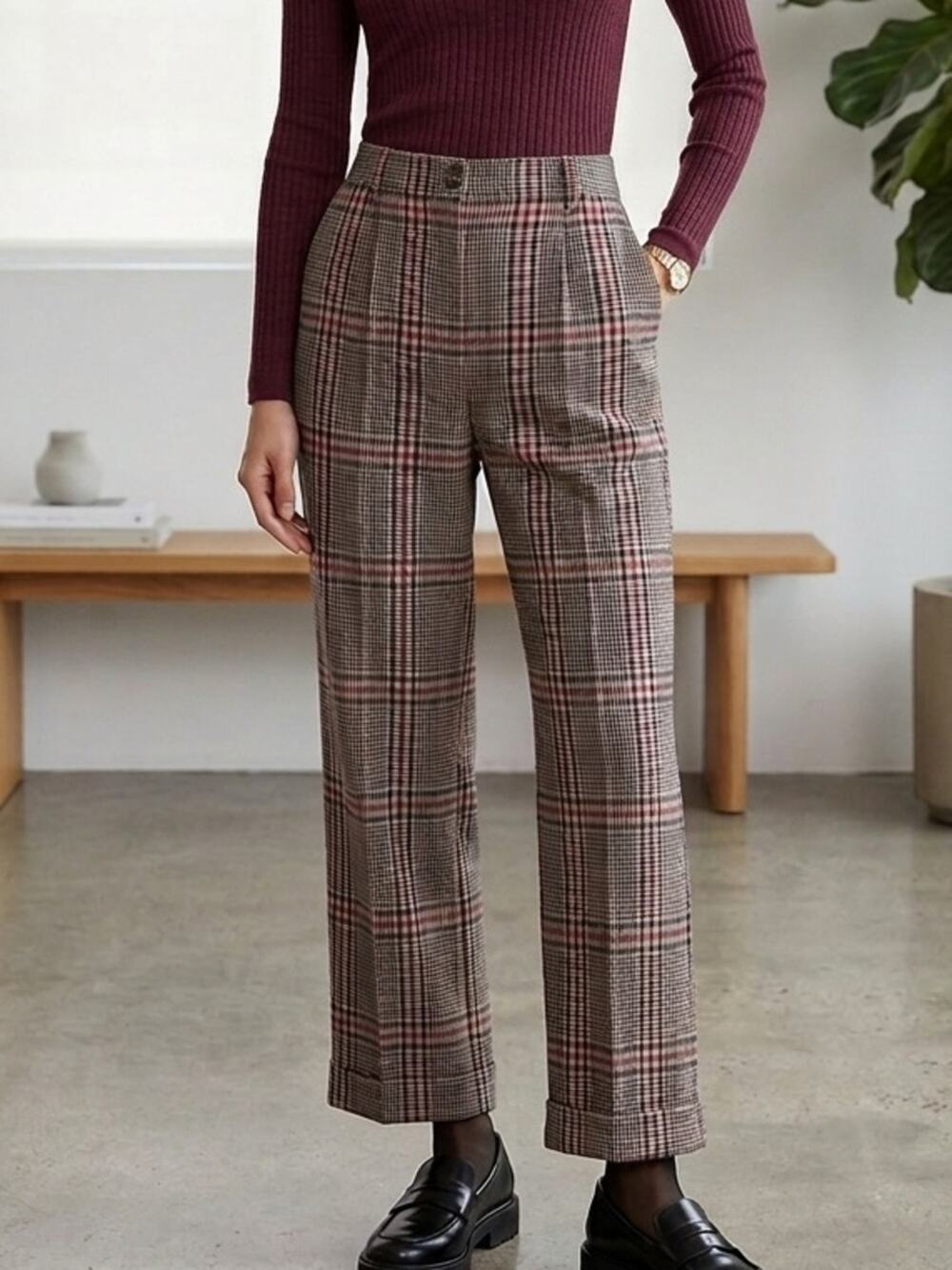 Aritzia Wilfred Davita Plaid Pleated Trousers Wool Blend Cuffed Pants Sz 00